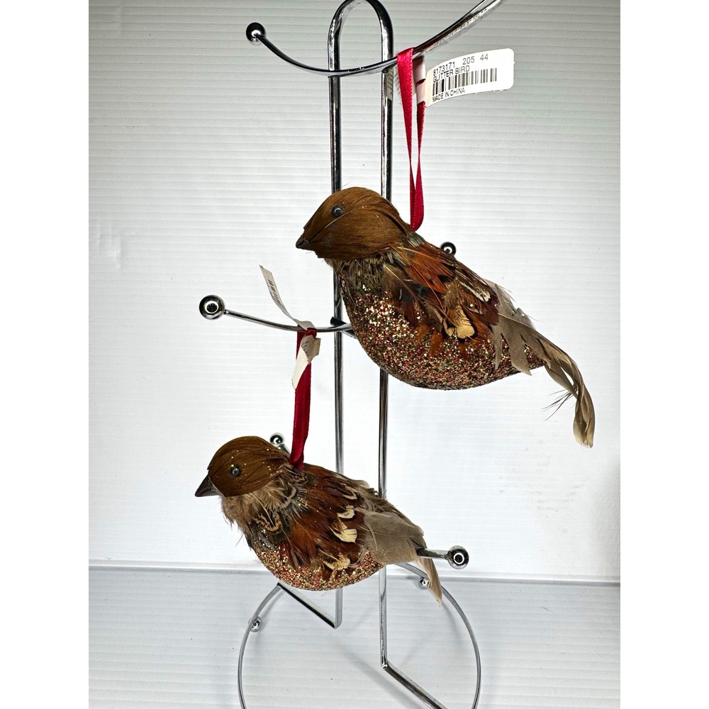 Pottery Barn Glittered Feather Bird Christmas Ornaments Brown Set of 2